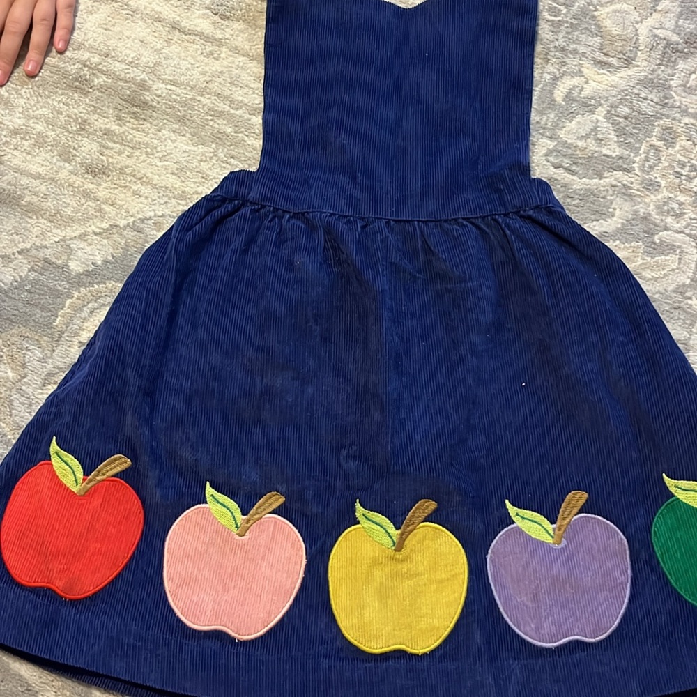Mini Boden Blue Corduroy Dress size 4/5 with Colorful Apple Appliqués